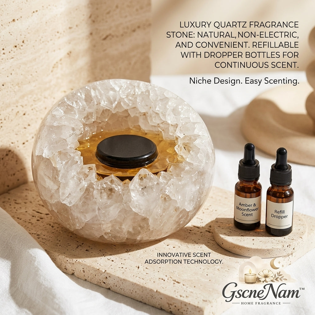 GscneNam™ Luxury Quartz Crystal Stone Diffuser | Non-Electric Natural Essential Oil Aromatherapy Diffuser | Raw Geode Scent Adsorption Home Fragrance Decor Gift Set with Amber & Moonflower Dropper Oils