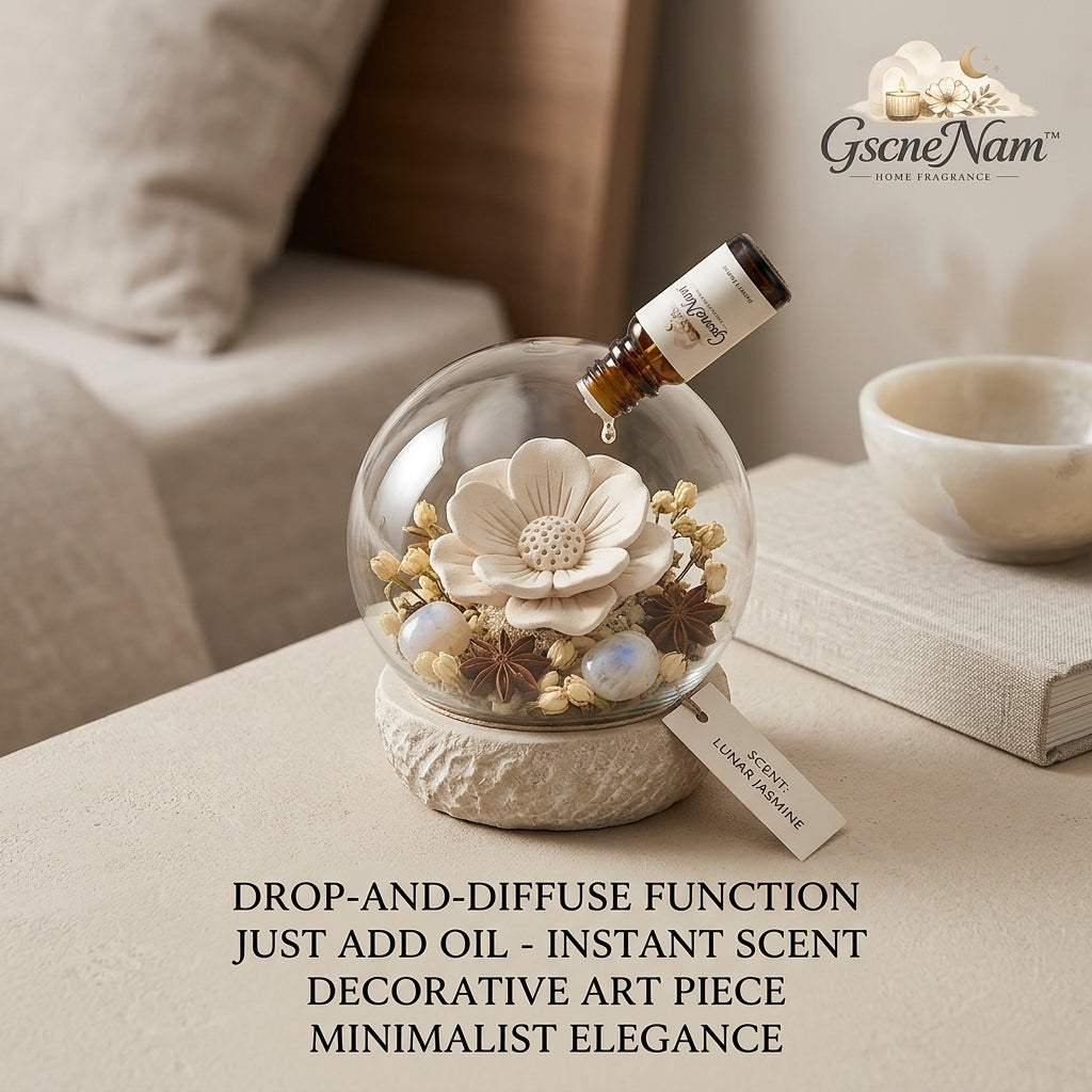 GscneNam™ Ceramic Flower Glass Dome Diffuser Set - Passive Essential Oil Stone Diffuser with Crystals & Botanicals | Minimalist Home Fragrance Decor, Stress Relief & Aromatherapy Gift