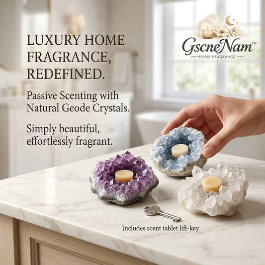 GscneNam™ Natural Geode Crystal Passive Scent Diffuser - Luxury Flame-Free Aromatherapy Stone Decor | Amethyst, Celestite & Quartz Crystal Home Fragrance Set with Scent Tablets & Lift-Key