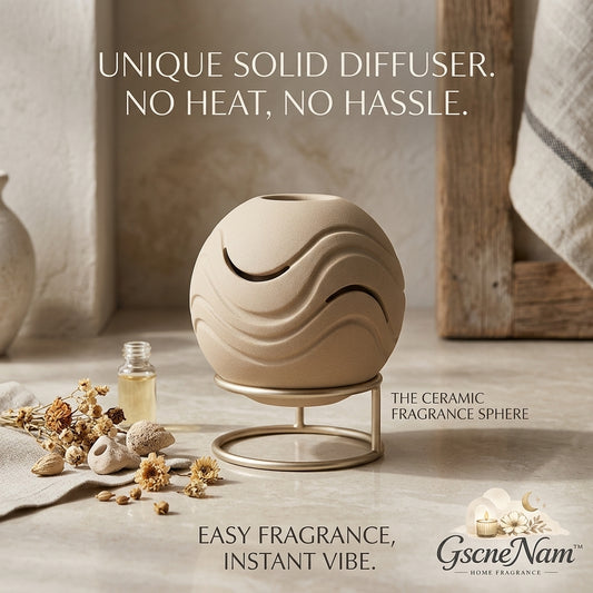 GscneNam™ Ceramic Fragrance Sphere - Passive Essential Oil Diffuser | Non-Electric Solid Clay Aromatherapy Stone with Gold Metal Stand | No Heat, No Water, Mess-Free Home Decor Diffuser for Bedroom, Office & Spa