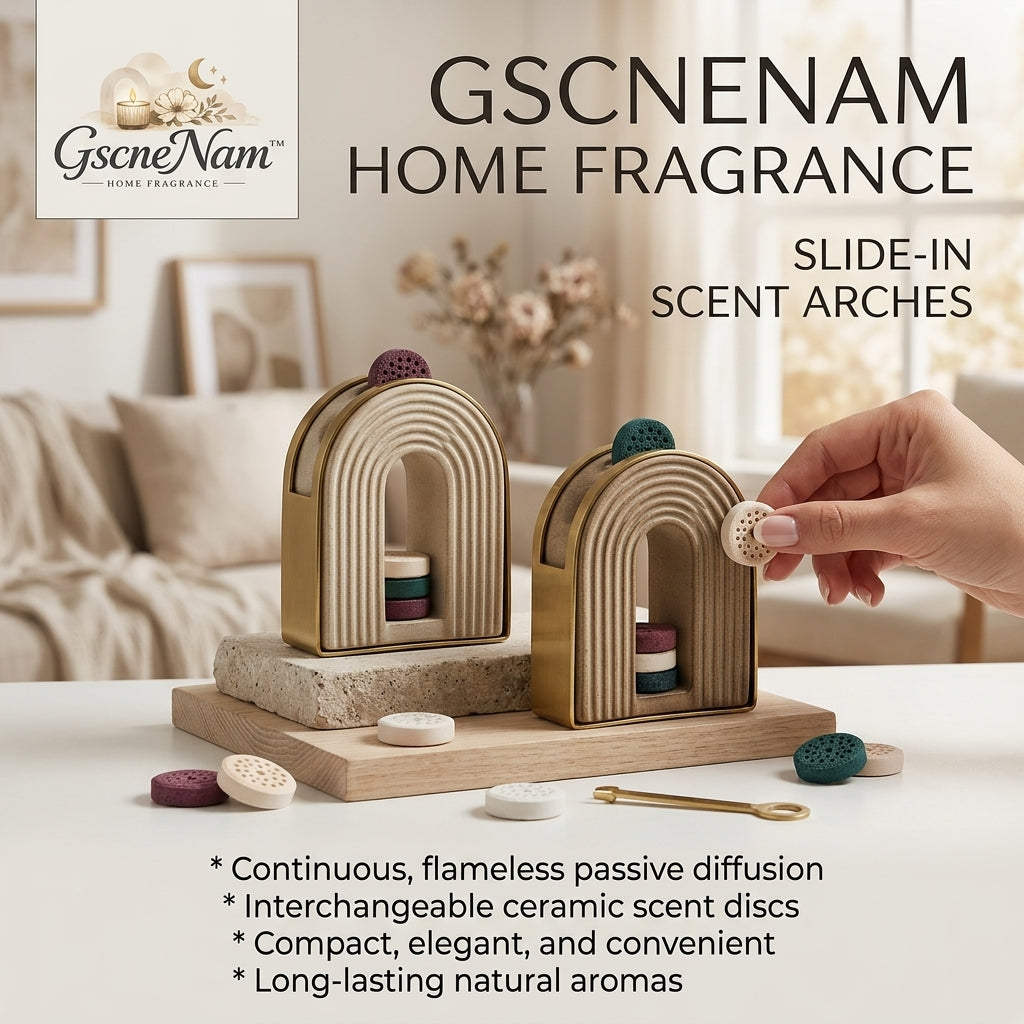 GscneNam™ Slide-In Ceramic Scent Arch Diffuser Set - Flameless Passive Stone Diffuser for Home & Office | Aesthetic Ribbed Arch Decor with Interchangeable Natural Aroma Discs