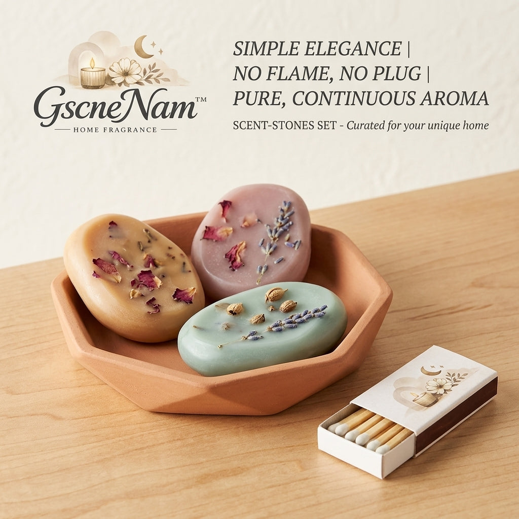 GscneNam™ Flameless Scented Wax Tablets with Terracotta Dish | Decorative Home Fragrance Scent-Stones Gift Set with Real Dried Botanicals | Long-Lasting Air Freshener for Room, Closet, Drawer & Office